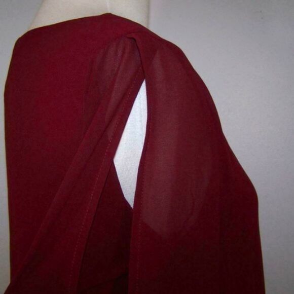 Miami Dress XS Cold Shoulder Long Tie Cuff Embroidered Sleeve Chiffon Burgundy - Picture 7 of 10